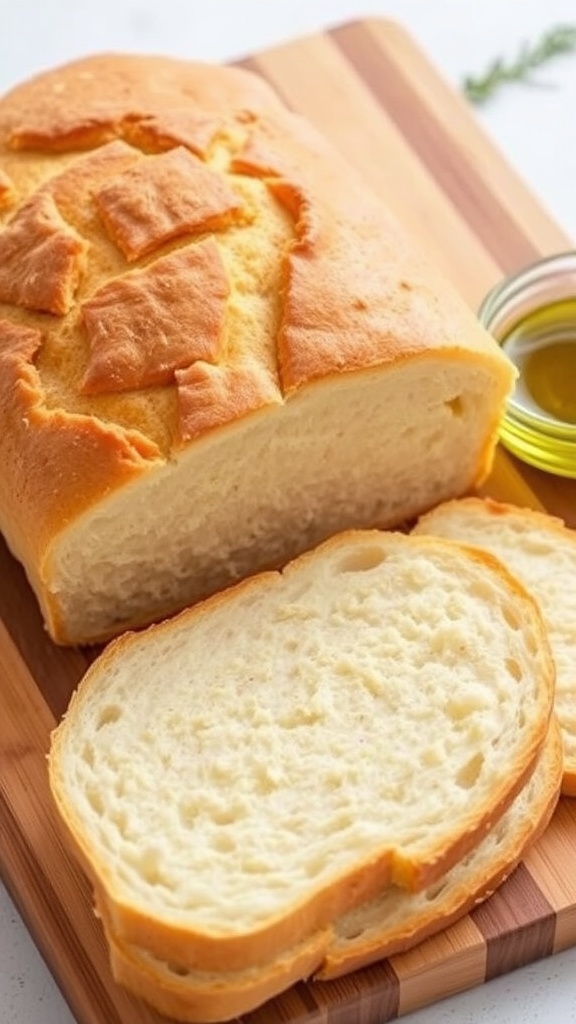 A golden brown gluten-free bread loaf sliced on a wooden board, with a bowl of olive oil and herbs in the background.